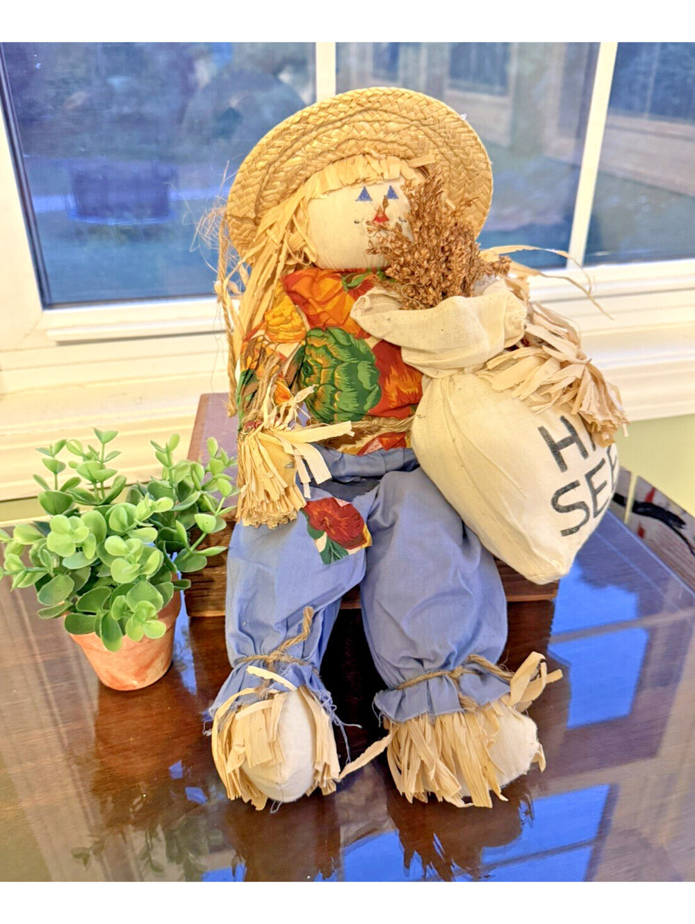 Stuffed Girl Scarecrow Shelf Sitter Doll Fabric Straw Fall Halloween Pumpkin